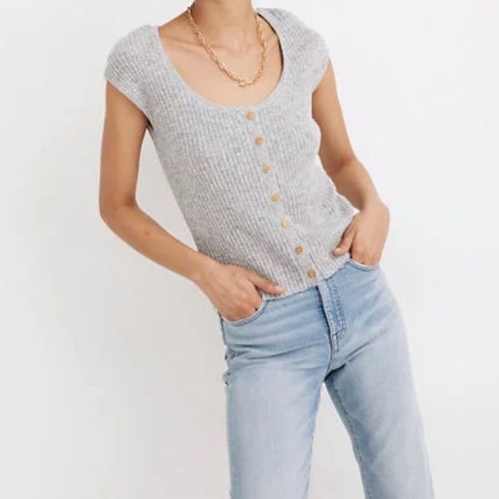 Madewell Marled Shaw XS Blue Gray‎ Buttonfront Sweater Tee Marled Rain